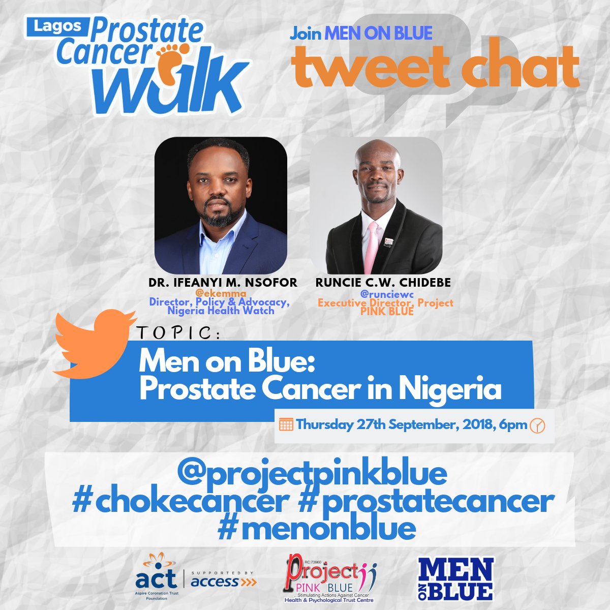 projectpinkblue's tweet photo. Did you know!
Death from prostate cancer is easily preventable if detected early; and yet it kills 14 Nigerian men every day.
Join us now and welcome @ekemma and @runciecwc as they will be talking about Men on Blue: Prostate Cancer in Nigeria.
#MenonBlue
#ChokeCancer https://t.co/aOusshzzoV