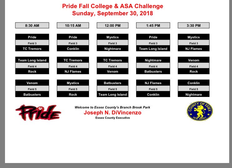 NJPrideGold's tweet photo. Sunday Pride schedule @FloSoftball @TremorsSoftball @NBatbusters @nightmarefp @jerseyflames @TeamLIDeMarini @TeamNJSoftball @SJMysticsGold @NJPRIDE14U @Philip_Alagia #playthebest @StriveSoftball #nj #tradition #softball #college #whereyouplaying https://t.co/viE0y5CkLF