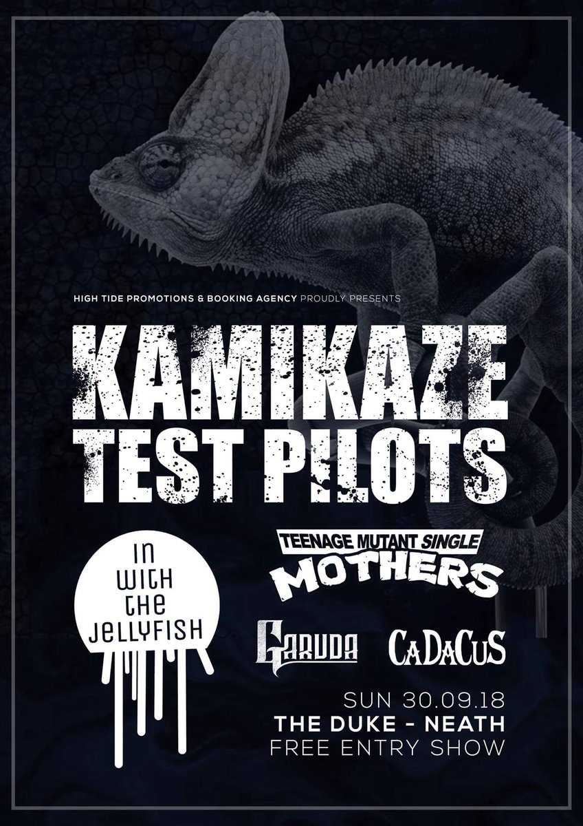 This Sunday at #TheDukeNeath
Five Bands | Free Entry
<a href="/KaziTestPilots/">Kamikaze Test Pilots</a>
<a href="/IWTJ_/">In With The Jellyfish</a>
#TeenageMutantSingleMothers
#Garuda
<a href="/_Cadacus/">Cadacus</a>
🤘😝🤘
fb event:
facebook.com/events/2293976…

#IWTJ #NewMusic #OriginalMusic #Neath #Gigs #LiveMusic #Rock #Metal