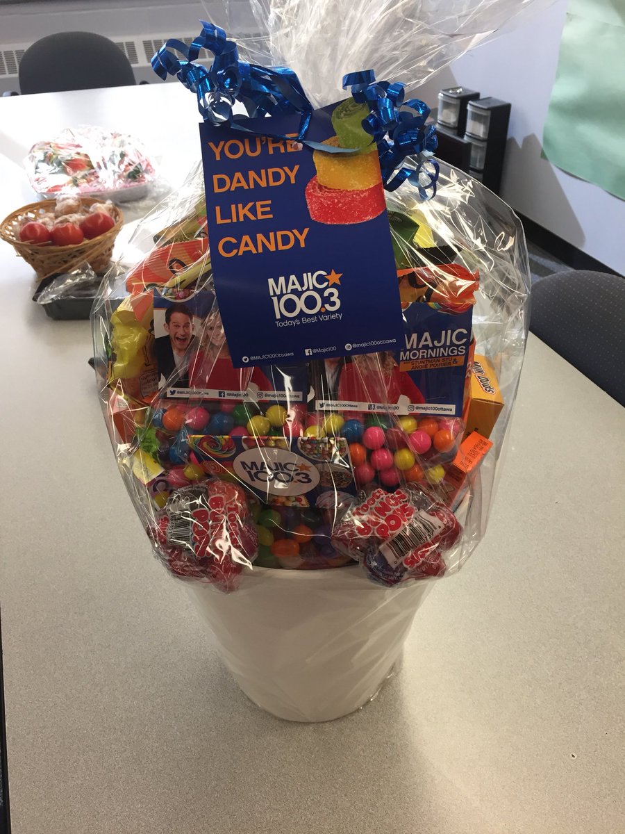 Tornadohowl's tweet photo. A nice surprise from Angie Poirier and Stuntman Stu who dropped off a basket of candy for staff today.  47 minutes later it was all gone.  😀@MAJIC100Ottawa https://t.co/xdxfYwcjD2