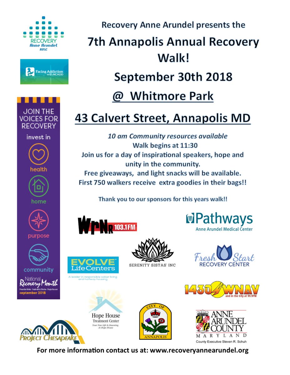coalition_asap's tweet photo. Join us Sunday for the 7th Annual Annapolis Recovery Walk at Whitmore Park. Vendor resources are available to the public at 10am.
Walk begins at 11:30am. #wedorecover https://t.co/ZpkVwNymfX