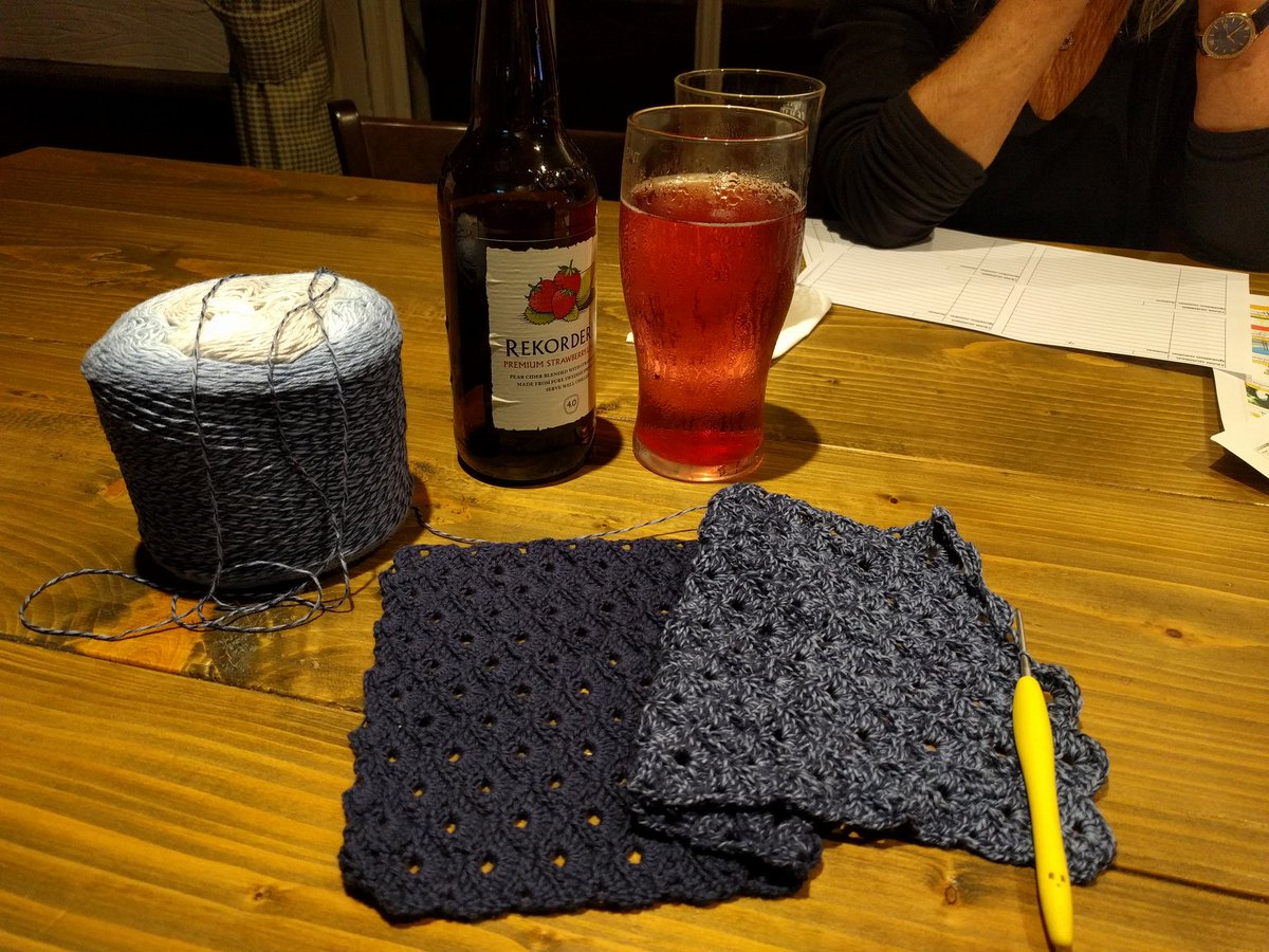 Pub quiz, good cider and crochet. After 3 attempts I have settled on a scarf pattern I really like :D #crochet #pub #cider #quiz