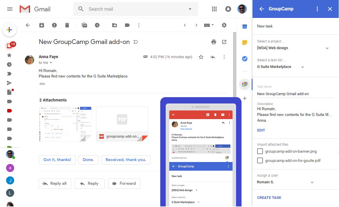 GroupCamp's tweet photo. @GroupCamp has released new @gmail add-on to turn emails into tasks and saved attachments into projects without leaving Gmail. Available for @gsuite and regular Gmail users. 
https://t.co/h2bBM4PBQy https://t.co/M6olWLMUIr