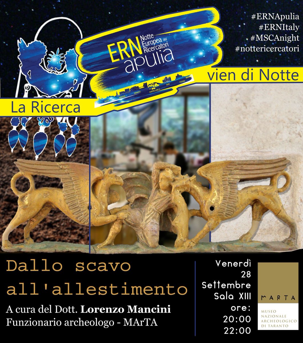 museo_marta's tweet photo. Nella #nottericercatori del 28 #settembre al @museo_marta ore 20h-23h archeologo Lorenzo Mancini svelerà il dietro le quinte di un lavoro che darà nuova vita ad alcuni tra i più affascinanti reperti del @museo_marta Da non perdere! #ERNApulia #ERNItaly #MSCAnight @museitaliani https://t.co/HSZnpr4lKf
