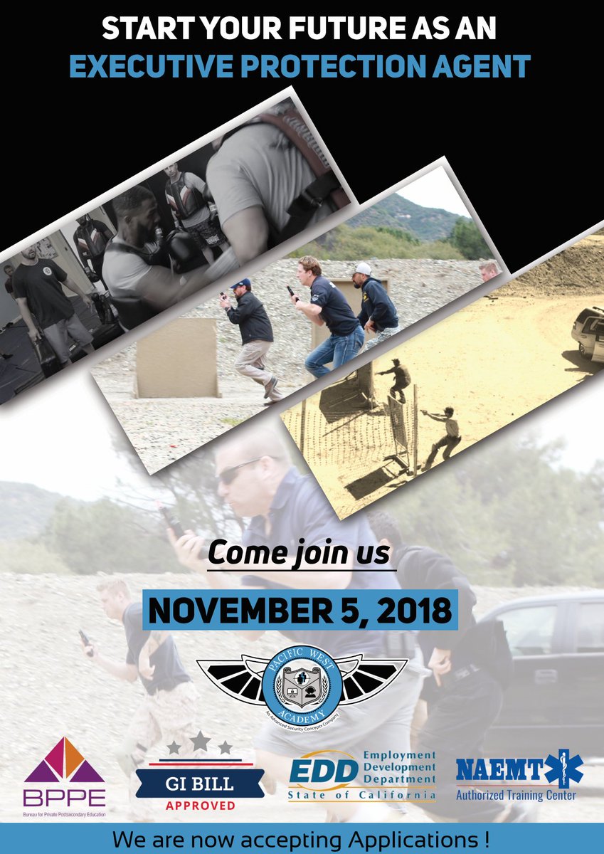 PWATraining's tweet photo. There are only 2 spots left for the 33 days GI Bill approved 'CESS' executive protection training program running in November! The program includes housing.
#executiveprotectiontraining #executiveprotection #veterans #closeprotection #pacificwestacademy https://t.co/aAs9C3yXnW
