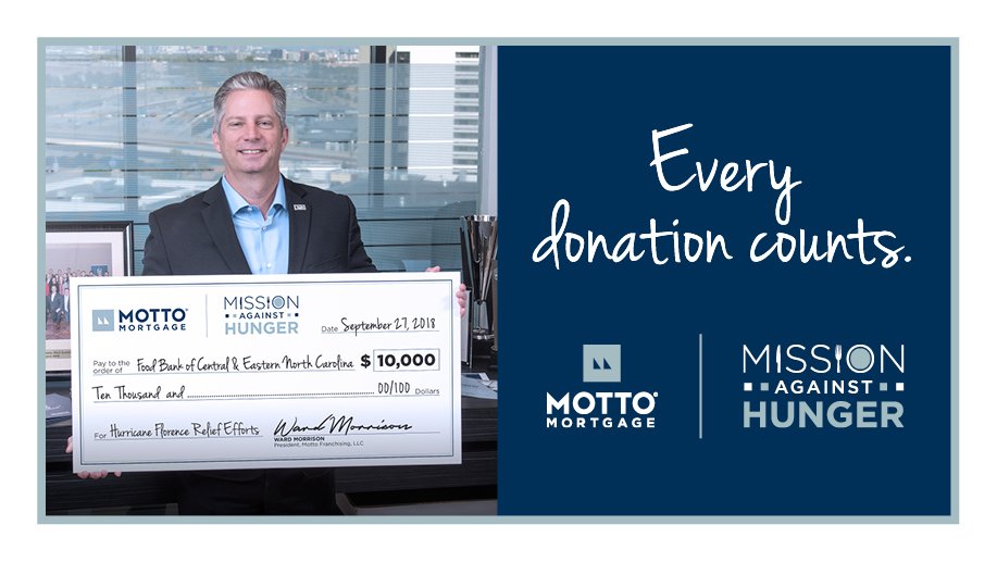 MottoMortgage's tweet photo. We are on a mission to help those affected by Hurricane Florence. Motto Mortgage Mission Against Hunger made a $10,000 donation this week to @FoodBankCENC. Will you join us and donate now? https://t.co/MR4I236XFL #mottomortgage #missionagainsthunger #foodbankcenc #FlorenceNC https://t.co/mqxdM33hC5