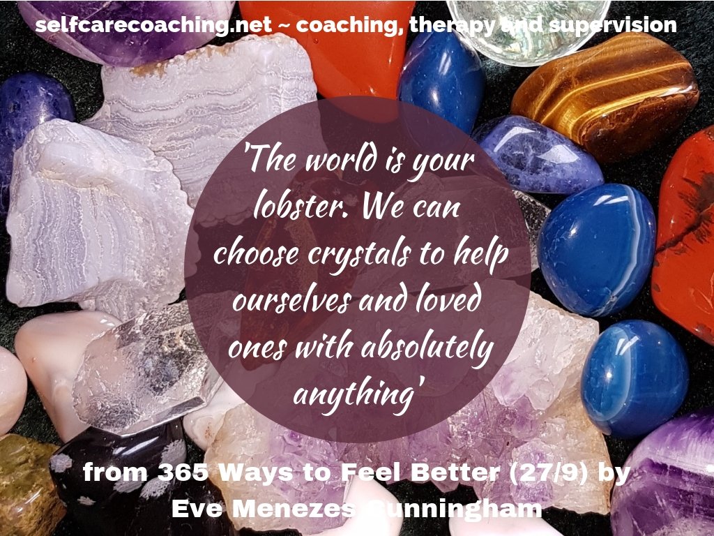 FeelBetterEve's tweet photo. Choosing #crystals from #365waystofeelbetter by #evemenezescunningham @whiteowlbooks #selfcare #coach #therapy #supervision for your #mindbodyheartsoul #feelbettereveryday #wellbeing #wellness #mindbody #chakras #singlesessiontherapy #rainbowcoaching https://t.co/1lljLZiKWx