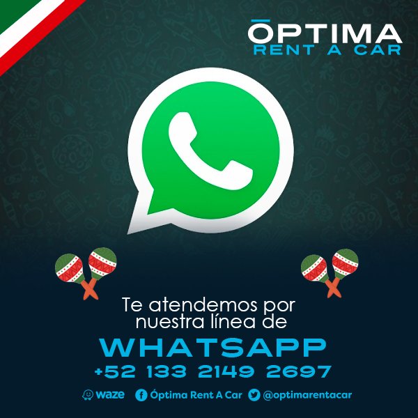 optimarentacar's tweet image. ¿Tienes pensado alquilar un auto para salir de viaje?
Ahora puedes cotizar la renta del automóvil que necesitas, vía WhatsApp al teléfono: +52 1 33 2149 2697 
#MuéveteSinLimites
Oficina Matriz +52 (33) 3812 0437 
Aeropuerto 24 hrs +52 (33) 3688 6088 
Expo GDL +52 (33) 1644 2897