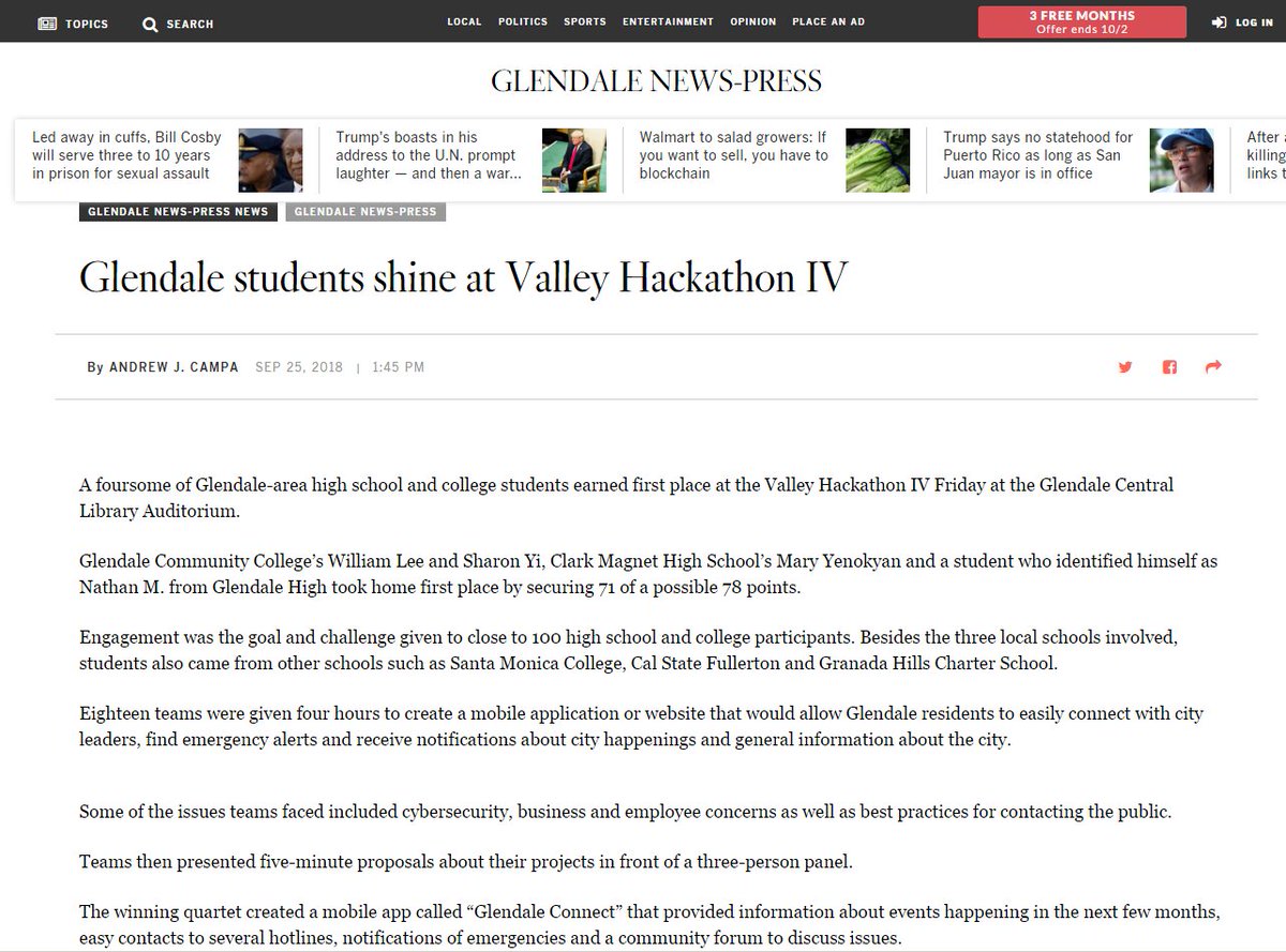 ValleyAlliance's tweet photo. #Glendale students shine at Valley Hackathon IV. Great coverage of #ValleyHackathon on September 21 in @latimes @GlendaleNP. Thank you for the support and coverage! https://t.co/XYSPHNF0pA