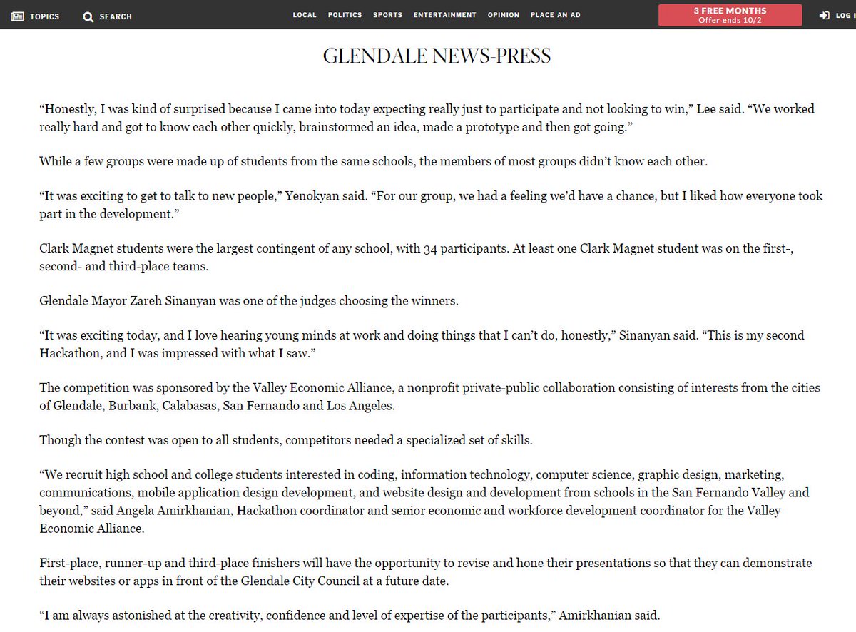 ValleyAlliance's tweet photo. #Glendale students shine at Valley Hackathon IV. Great coverage of #ValleyHackathon on September 21 in @latimes @GlendaleNP. Thank you for the support and coverage! https://t.co/XYSPHNF0pA