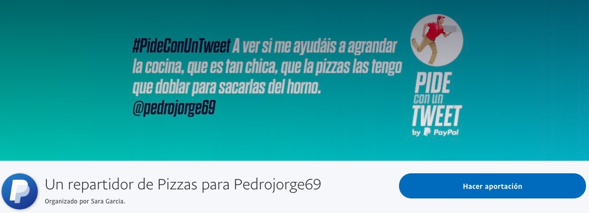 PayPalSpain's tweet photo. @pedrojorge69 ¡Hola @pedrojorge69! Hay una solución más fácil para la falta de espacio. Hemos creado un #FondoComún para reunir dinero y que puedas comer tus pizzas sin doblarlas. https://t.co/fyF461bufT #PideConUnTweet https://t.co/zvpwIMgxem