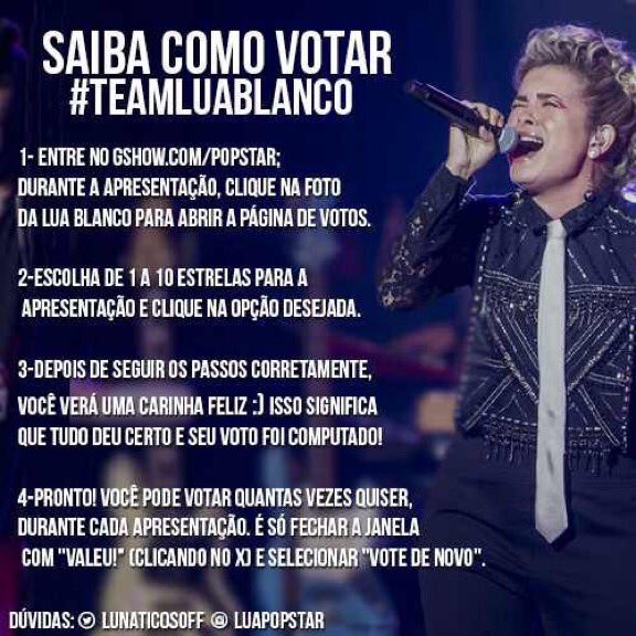 lwtsroses's tweet image. Saiba como votar na Lua Blanco (@Lua_Blanco) neste domingo no #Popstar, onde o voto será aberto ao público! Siga as informações do banner, e pronto você já faz parte do #TeamLuaBlanco TimeLuaBlanco !!
gshow.com/popstar