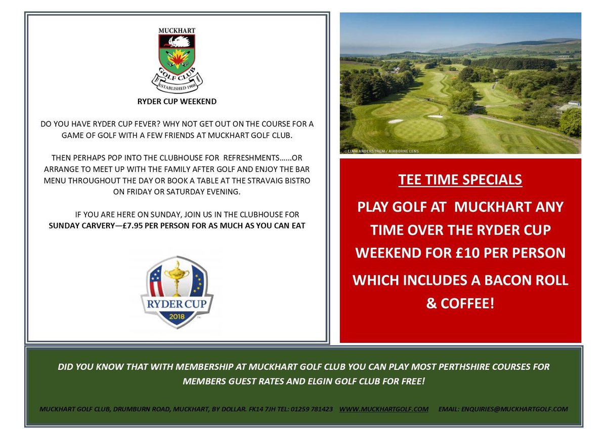 Muckhart Golf Club (@muckhartgc) on Twitter photo Come and play golf at one of the best courses in central Scotland for £10 which includes a bacon roll & coffee. Ryder Cup Weekend Special!
<a href="/ScottishGolf/">Scottish Golf</a> <a href="/RyderCupEurope/">Ryder Cup Europe</a> Come and play golf at one of the best courses in central Scotland for £10 which includes a bacon roll & coffee. Ryder Cup Weekend Special!
<a href="/ScottishGolf/">Scottish Golf</a> <a href="/RyderCupEurope/">Ryder Cup Europe</a>