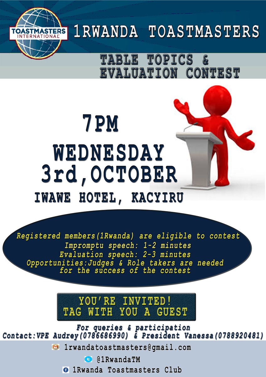 1RwandaTM's tweet photo. Next we have got two contests planned to take place....You don't wanna miss at all.
@ToastmastersEA @OfficialTresTM @rise_n_talk_TM @cst_tm @Ija_toastmaster @techytalkers  You are all invited to come &amp; support. https://t.co/0uVkmAElOi