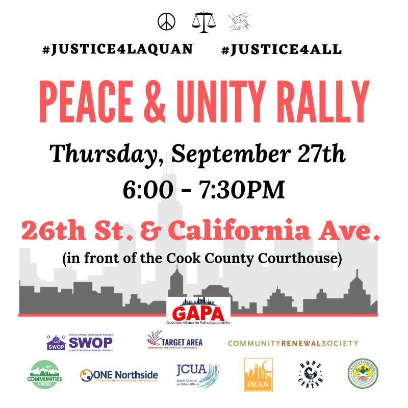 ChicagoGapa's tweet photo. Chicago community groups are holding a PEACE &amp; UNITY RALLY to demand #Justice4Laquan and #Justice4All. Join us at 6pm in front of the Cook County Courthouse, 26th and California. #PublicSafetyForAll #LaquanMcDonald https://t.co/SDwqbb6TRg