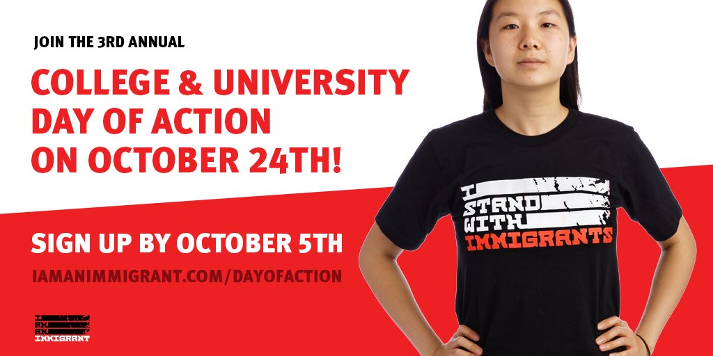 aliprocopio's tweet photo. Have you signed up for the #IStandWithImmigrants College &amp; University Day of Action yet? Why not?! Deadline is this Friday 10/5 to get free t-shirts to show your support for immigrants on campus! https://t.co/ZZKtKtkr8P https://t.co/Qbd9FcFnsC