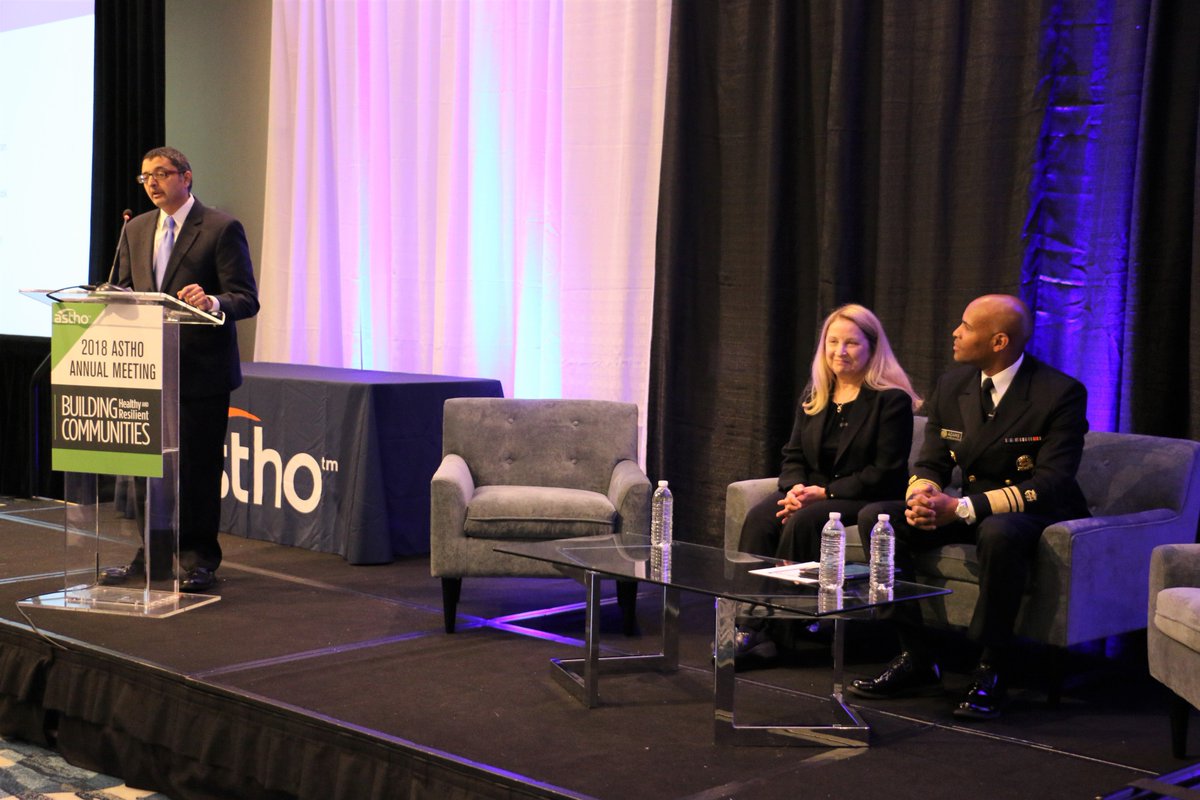 ASTHO's tweet photo. .@IDPH director Nirav Shah joins @Surgeon_General Jerome Adams and Cathy Baase of the Michigan Health Improvement Alliance to discuss better partnerships for better health and economic prosperity at #ASTHO18. https://t.co/jRIlF11kcR