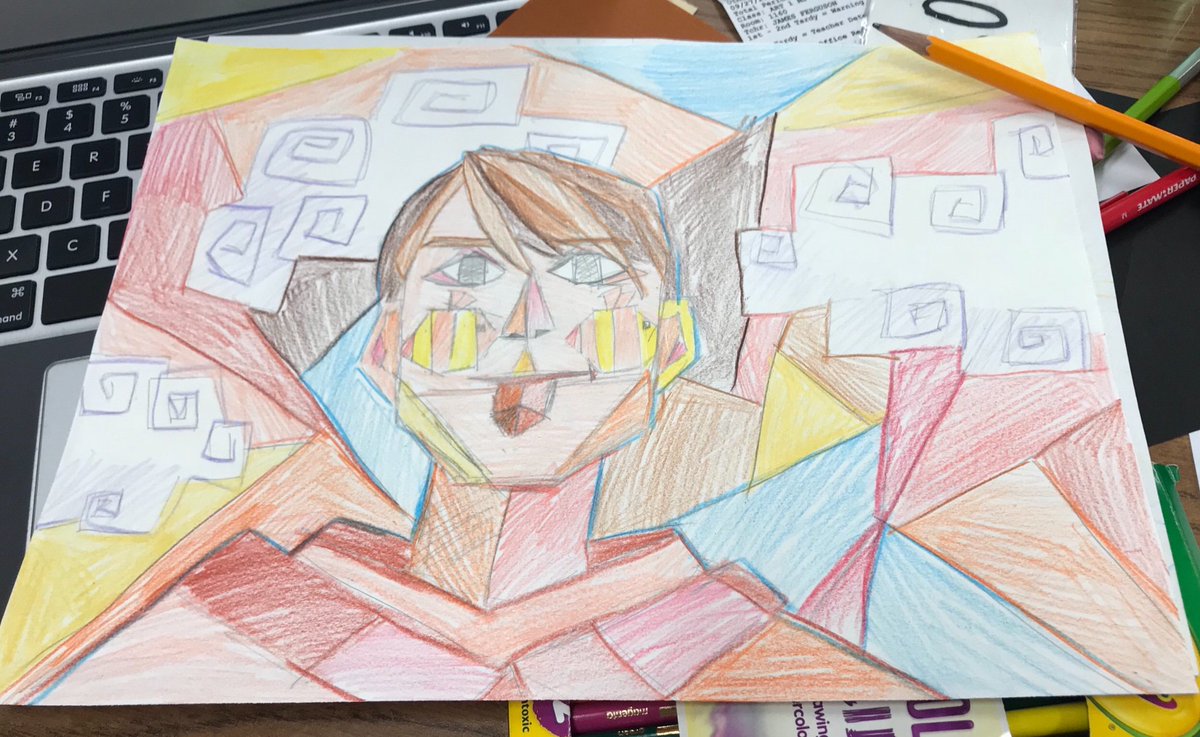 FergusonjJim's tweet photo. 6th grader’s selfie!  She reduced herself to just geometric shapes and colors! #cubism #LISDculture #huffinesmiddleschool #huffines #hfms https://t.co/4ilICLDSpP
