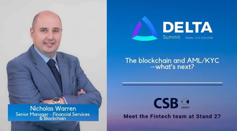 CSBGroup's tweet photo. We're pleased to announce that Nicholas Warren - Senior Manager Financial Services and Blockchain at #CSBGroup will be moderating a highly informative panel on #Blockchain and #AML / #KYC at the @Delta_Summit - 4th October at 12:30. Mark your calendar! #BlockchainIsland @Nico1182 https://t.co/6nQ8SBsDcx