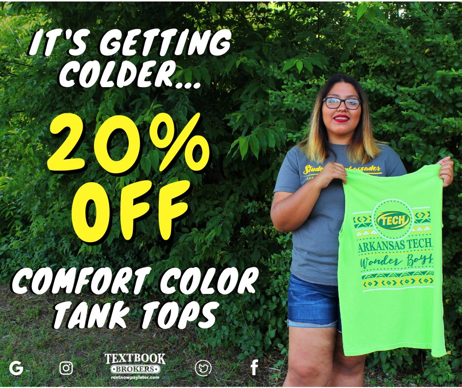 rentnowpaylater's tweet image. It is starting to feel like Fall in the mornings! Come visit us TODAY  and get 20% OFF ALL Comfort Color tank tops! (while they last)

 Happy Thursday!
 Open 8am - 6pm

 #atu18 #atu19 #atu20 #atu21 #atu22 #textbookbrokers #atu #comfortcolors