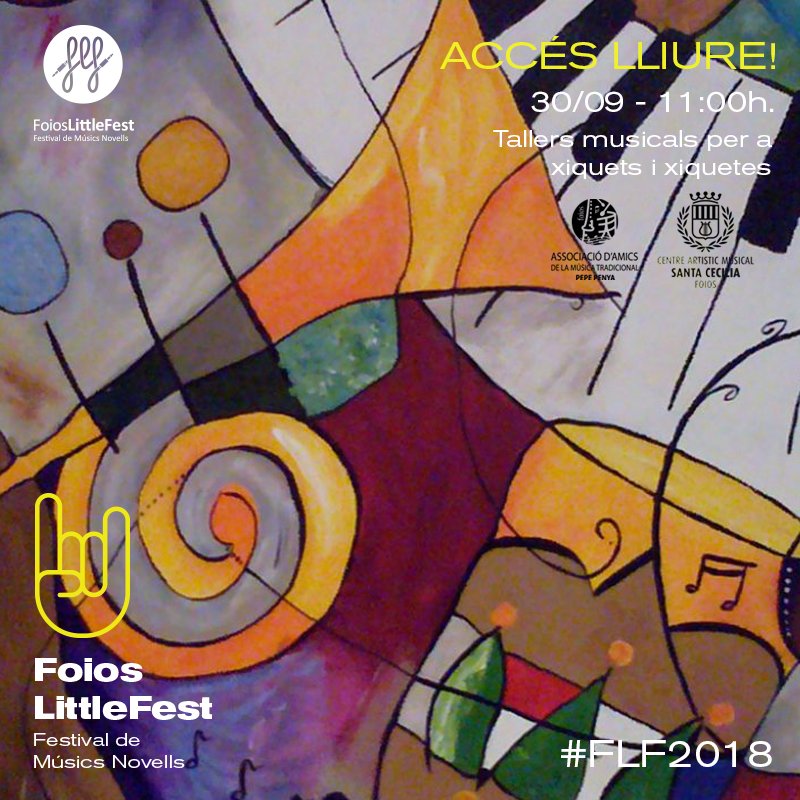 FoiosLittleFest's tweet photo. ✅ El diumenge 30 a les 11h.: Tallers musicals per a xiquets i xiquetes per les associacions amb les millors notes 🎼🎶😉 de Foios! Associació d’amics de la música tradicional Pepe Penya i Centre Artístic Musical Santa Cecilia de Foios.

#FoiosLittleFest #FLF2018 @AFoios https://t.co/TznkYxvzj5