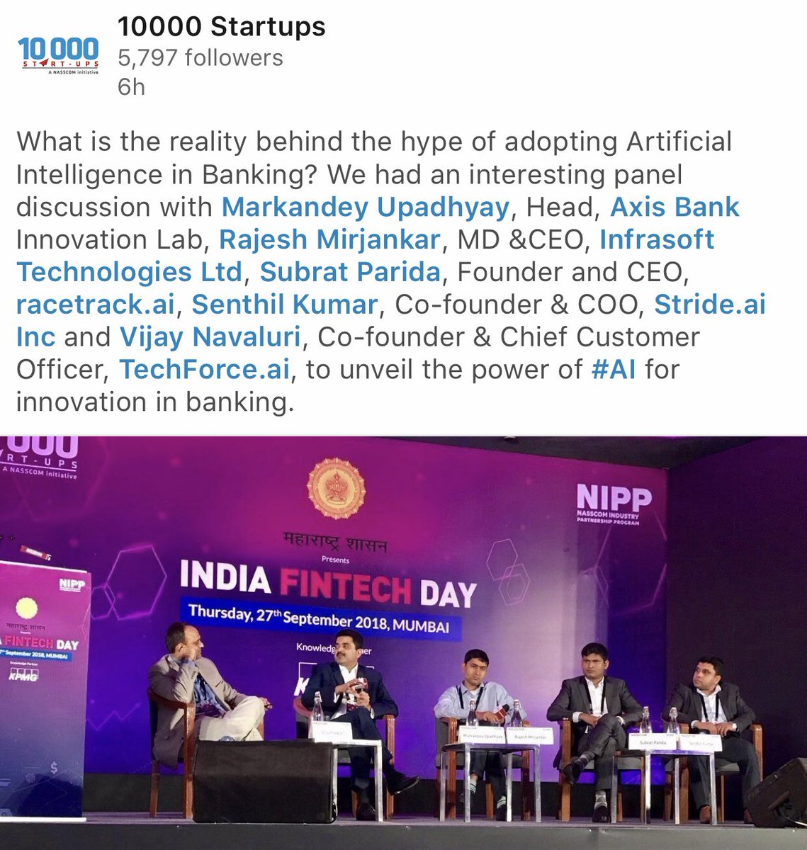 nehaadvik's tweet photo. #artificial_intelligence #NASSCOM #startups #ai #racetrack.ai #IndiaFinTechDay2018 @subratceo @nasscom https://t.co/fU3b1cRU1f