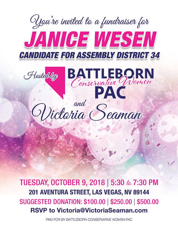 wesenfornevada's tweet photo. You're invited to a fundraiser for Janice Wesen, Candidate for Assembly District 34. The event will be hosted by BattleBorn Conservative Women PAC and Victoria Seaman
Tuesday, October 9, 2018 
5:30 p.m. to 7:30 p.m.
201 Aventura Street, Las Vegas, NV 89144 https://t.co/Rk4HpqtHY3