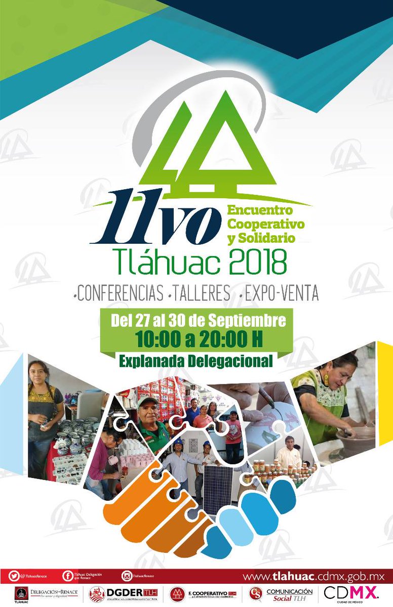 TlahuacRenace's tweet photo. La @DGDERTLH  te invita, desde hoy 27 hasta el 30 de septiembre, al 11vo Encuentro Cooperativo y Solidario #Tláhuac 2018, donde nuestros pequeños y medianos productores demostraran sus habilidades en el mercado de productos y servicios.
@arturomedinap https://t.co/45xLL2FRG1