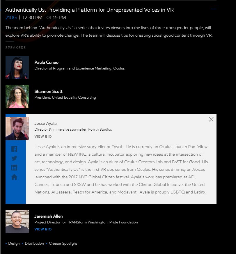 Excited to see Jesse Ayala speaking at #OC5! Jesse was a Circuit Stream student in class 4. <a href="/JesseAyalaJr/">Jesse Ayala Jr</a> is a visual &amp; immersive storyteller creating action inspiring content, the filmmaker of Authentically Us &amp; creative director <a href="/GoFovrth/">Fovrth Studios</a>
#vr #ar #oculus