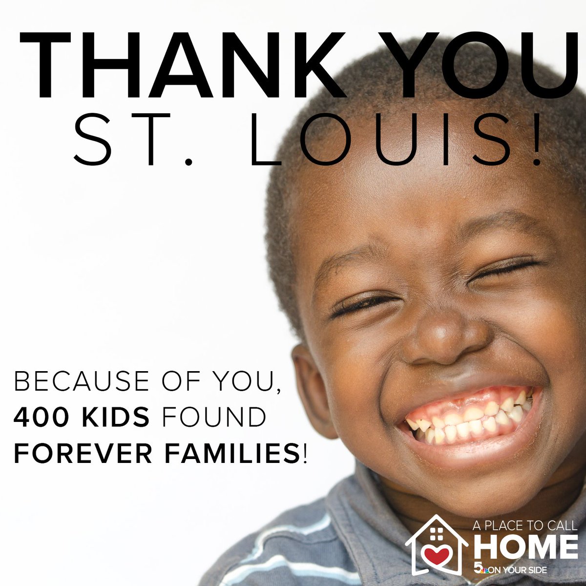 We’ve hit 400 adoptions! Thank you, St. Louis for finding forever homes for hundreds of kids in our area. Tonight at 10, watch the heartwarming story of Anyaii, our 400th adoption.
