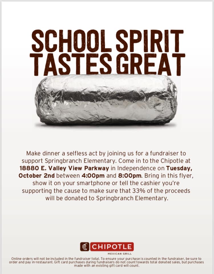 SpringBranchEl's tweet photo. Join us Tuesday, October 2nd for Chipotle to support our PTA! https://t.co/J9ha5cubKG