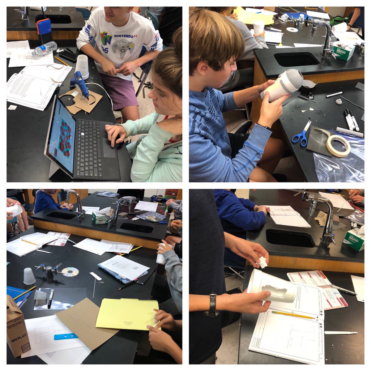 CCanfield100's tweet photo. Mr. Nicholson’s Introduction to #Engineering Design students design/build prototypes for a 21st century coffee cup at #NewtownHS. Group members came up with ideas, then used a design matrix to determine the best one.  I love the cluttered table tops; signs of enthusiasm. @PLTWorg https://t.co/Z3XDPUFgrY