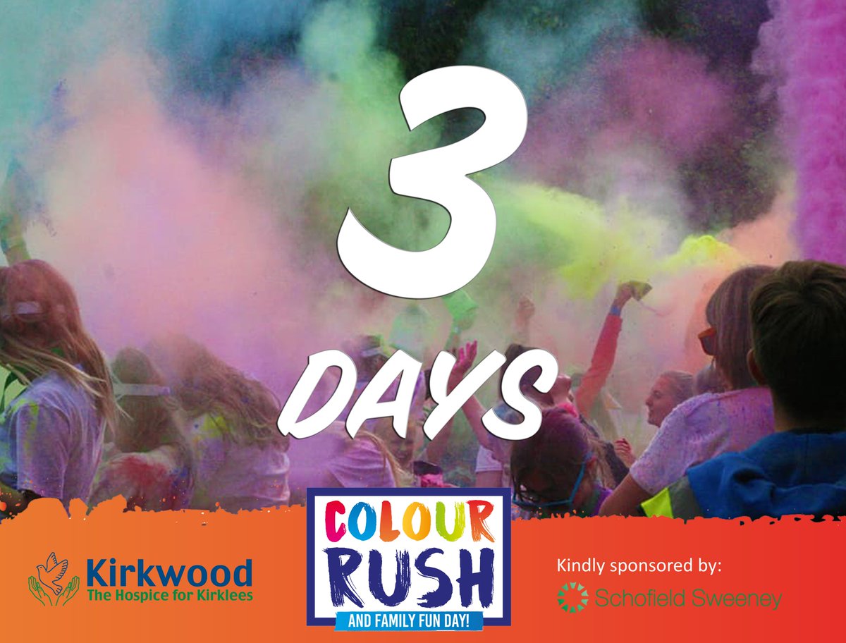TheKirkwood_UK's tweet image. There's only 3 days to go until our most colourful event of the year! Don't forget you can still join us at @OakwellHall this Sunday to sign up and get involved in our Colour Rush and Family Fun Day! #3daystogo #colourrush #colourrun #paintparty #familyfunday