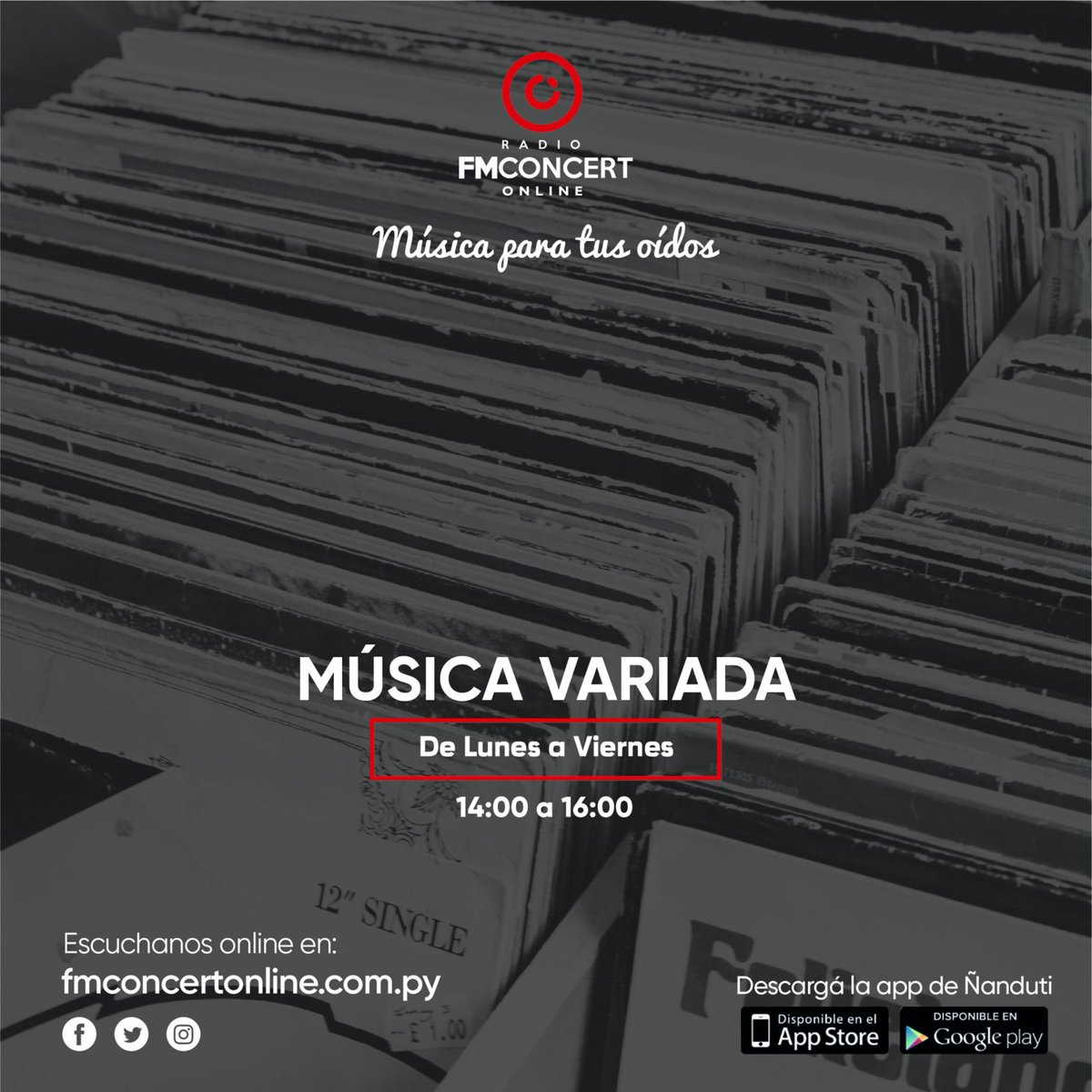 Fmconcertpy's tweet photo. La mejor música de todos los tiempos la podés escuchar de Lunes a Viernes de 14:00 a 16:00 hs desde nuestra web https://t.co/gBMpjox6FN o #DescargaLaAPP, ✨ #MusicaVariada #MúsicaParaTusOídos #EscuchaConcert https://t.co/x2VnX1s54M