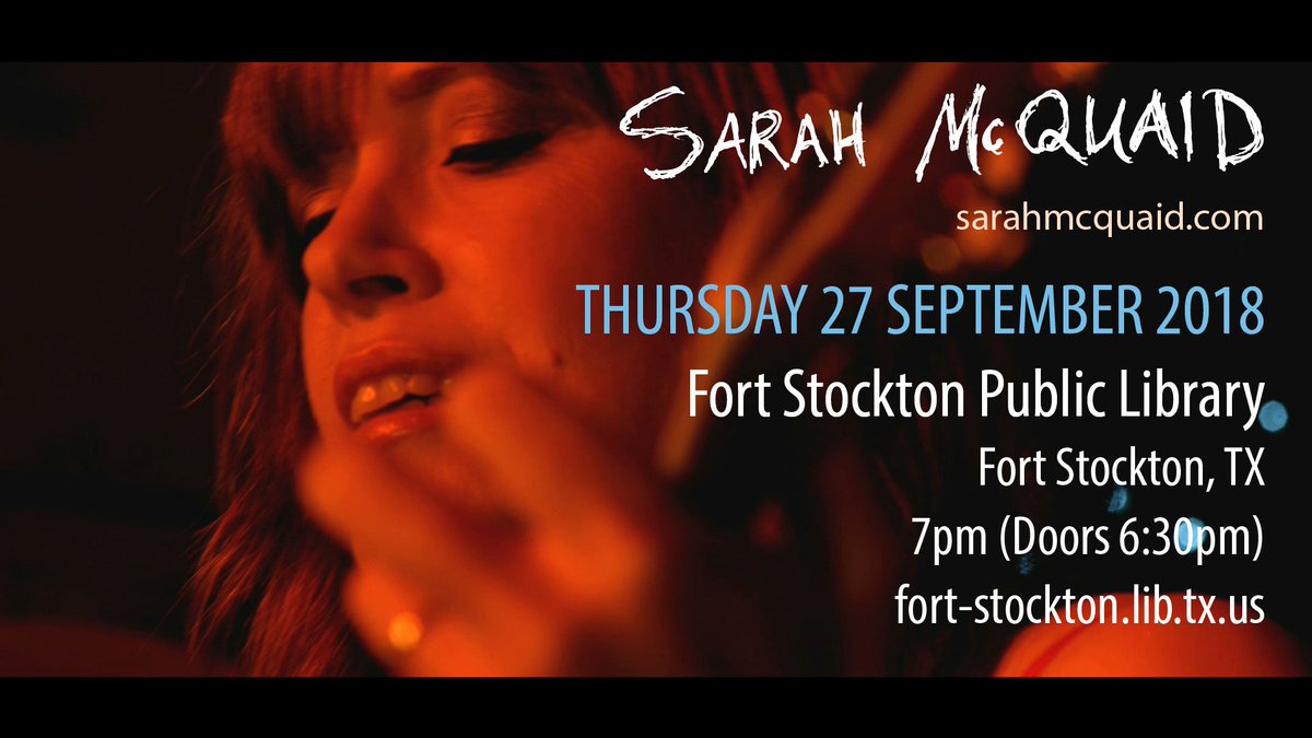 sarahmcquaid's tweet photo. 7pm this evening! #FortStockton #Library #Texas #PecosCounty #BigBend #BigBendRegion #WestTexas #FarWestTexas #concert #livemusic https://t.co/RhQQizHBy1 @FSPioneer @TheGarageTX @MarfaRadio @kxwt @bigbendnow @howsoundtweets @el_cosmico @TourTexas1 @texaspecostrail @TXMtnTrl https://t.co/wn4o2UxBCw