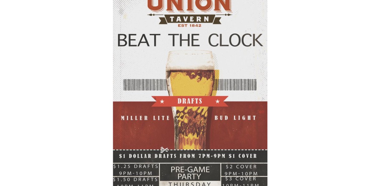 UnionTavernPK's tweet photo. BEAT THE CLOCK!! ⏰ come pre game with us!! Awesome drink specials!!! The earlier you come the better the deal!! #poughkeepsie #hudsonvalley #ny https://t.co/EdHActluon