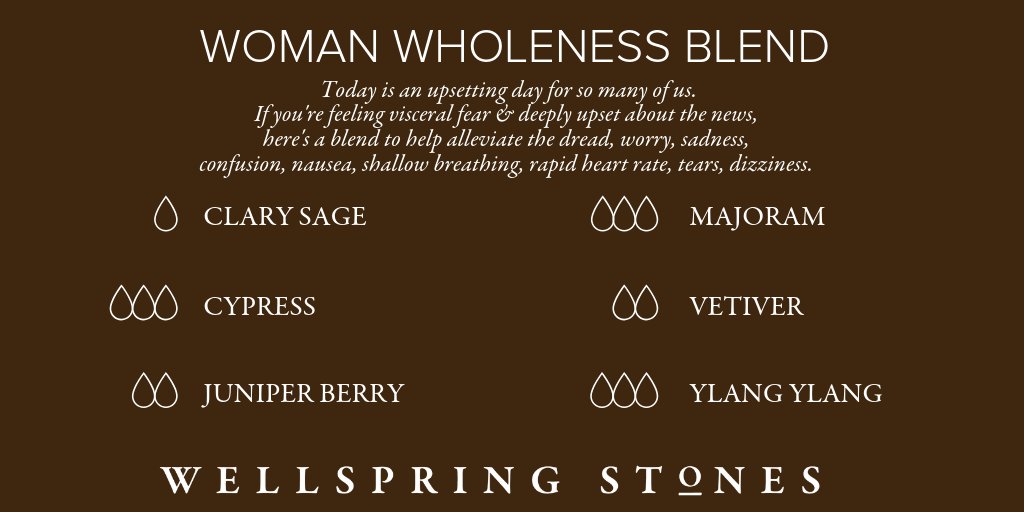 WellspringStone's tweet photo. Today is an upsetting day for so many of us. If ur feeling visceral fear &amp; deeply upset about the news, here's a blend 2 help alleviate the dread, worry, sadness, confusion, nausea, shallow breathing, rapid heart, tears, dizziness. I hope this helps ❤️🙌🏼 #ChristineBlaseyFord https://t.co/HiZ66Owb0c