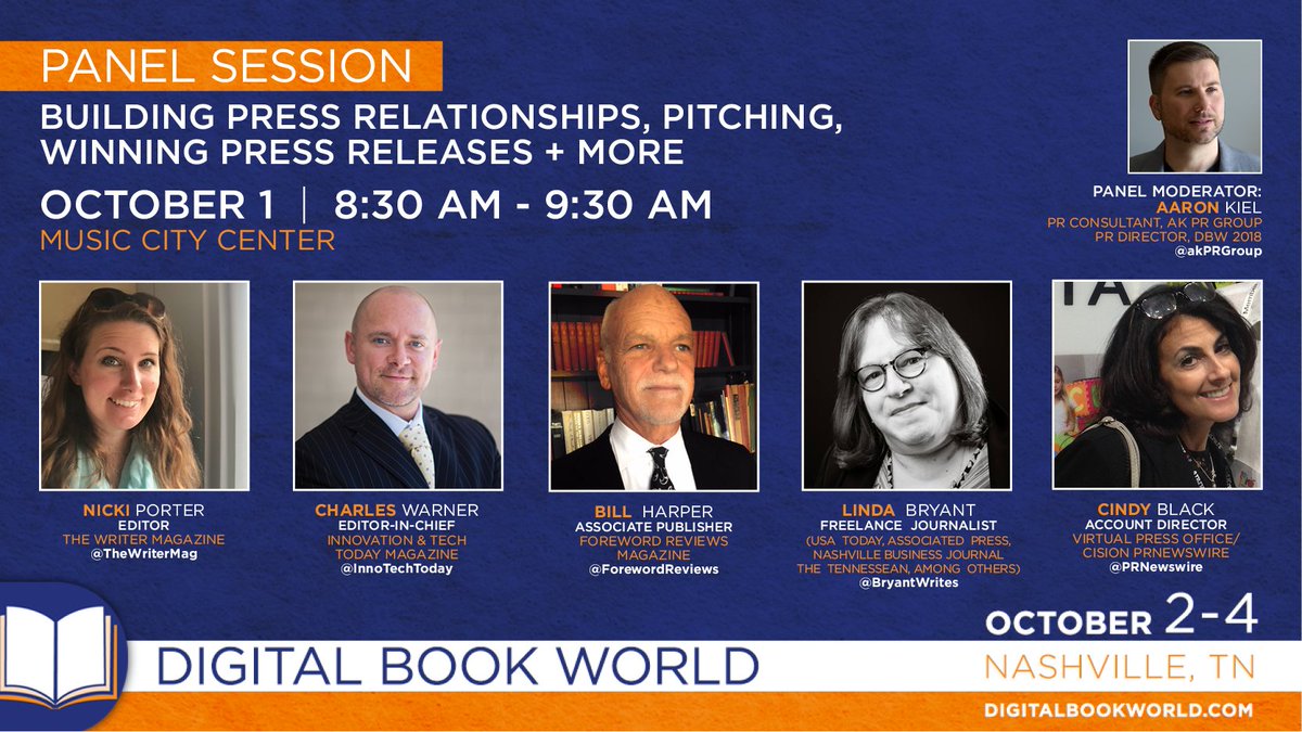 akPRGroup's tweet photo. Looking forward to Digital Book World in #Nashville, Oct. 2-4, as well as this pre-show panel session on working with the media. Featuring: @InnoTechToday @TheWriterMag and @ForewordReviews, among others! #DBW18 #Books #Publishing https://t.co/cQOzzx3BLu