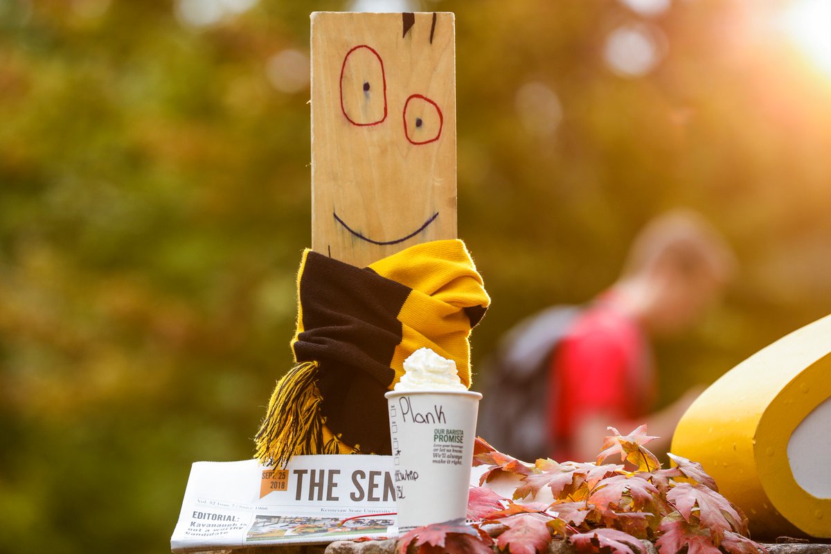 kennesawstate's tweet photo. Wood you be-leaf it's already fall, y'all! ๐ #planklife #neverboard @ksusentinel https://t.co/U93FDzJzwk