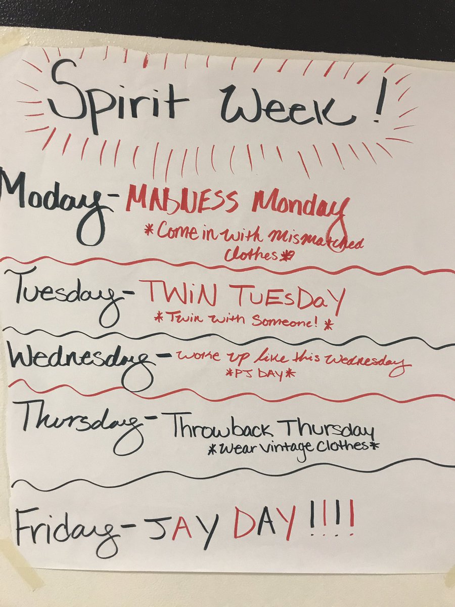 simonsen_stuco's tweet photo. Homecoming is ‘coming’ up! Next week is homecoming spirit week! Monday- Madness Monday!
Tuesday- Twin Tuesday!
Wednesday- Woke up like this Wednesday!
Thursday- Throwback Thursday!
Friday- JAY DAY!! https://t.co/RvfTUyPnuu