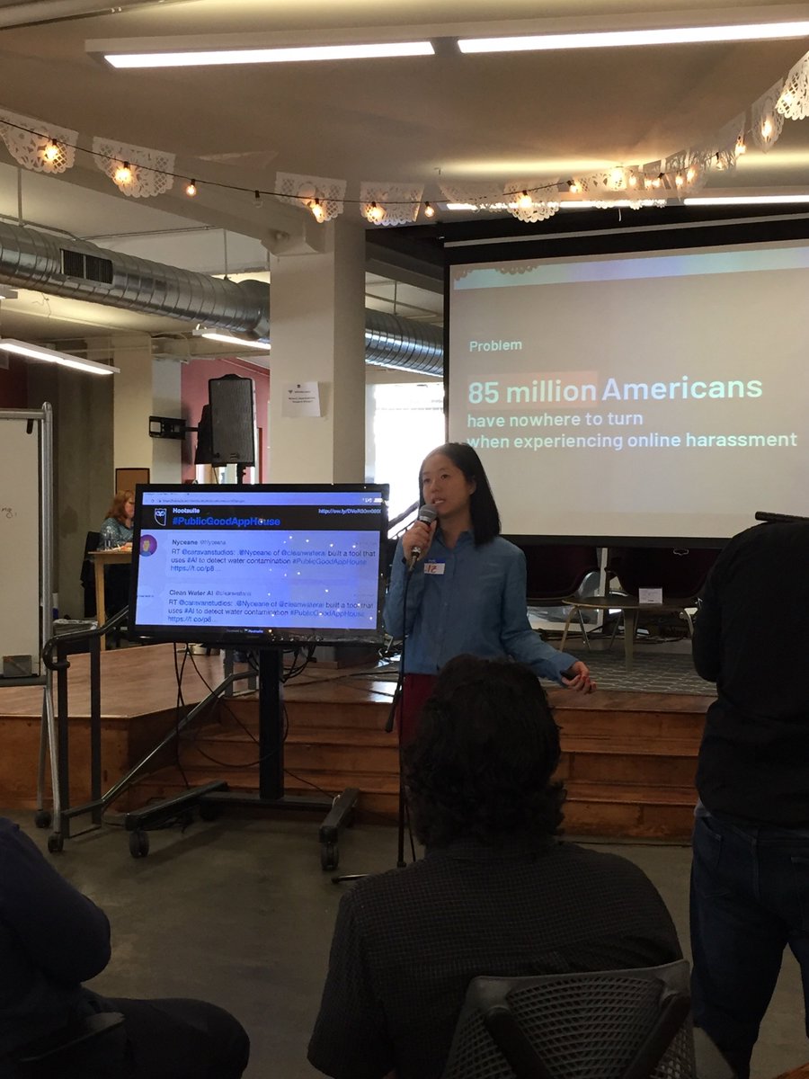 TechSoup's tweet photo. "85 million Americans have nowhere to turn when experiencing online harassment." Powerful set of speakers at today's #PublicGoodApp House. Pictured here, Liz Lee of @onlinesosorg. See how @caravanstudios is using #technology to make a better world: https://t.co/nplLS6tuY9 https://t.co/1mz2grH8gc