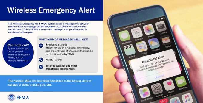 A graphic showing a phone on the right hand side displaying a message that says Presidential Alert and THIS IS A TEST. On the left is information about the Wireless Emergency Alert test for Octover 3, 2018 at 2:18 PM EDT.