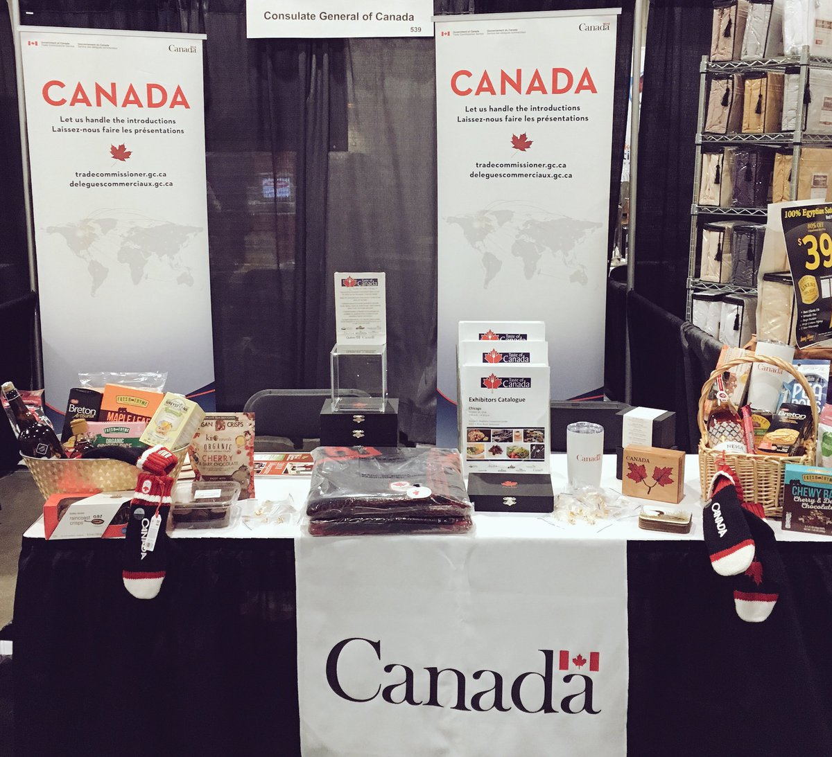 Molly_Banuelos's tweet photo. Our booth highlighting specialty #Canadian goods available in the #Midwest at the annual #IFRA show today. Two lucky attendees will get a basket of goodness at the end of the show! #foodretailer #tasteofcanada https://t.co/xiAEru7XIx