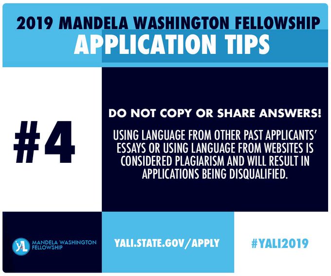 YALI Mombasa (@yalimombasa) on Twitter photo Tip #4 for your #YALI2019 application: do not copy or share answers! <a href="/YALINetwork/">YALI Network</a> reminds applicants to use their own words and experiences when completing the 2019 Mandela Washington Fellowship Application. Apply now: yali.state.gov/mwf/apply <a href="/WashFellowship/">MandelaWshFellowship</a> #ExchangeOurWorld Tip #4 for your #YALI2019 application: do not copy or share answers! <a href="/YALINetwork/">YALI Network</a> reminds applicants to use their own words and experiences when completing the 2019 Mandela Washington Fellowship Application. Apply now: yali.state.gov/mwf/apply <a href="/WashFellowship/">MandelaWshFellowship</a> #ExchangeOurWorld