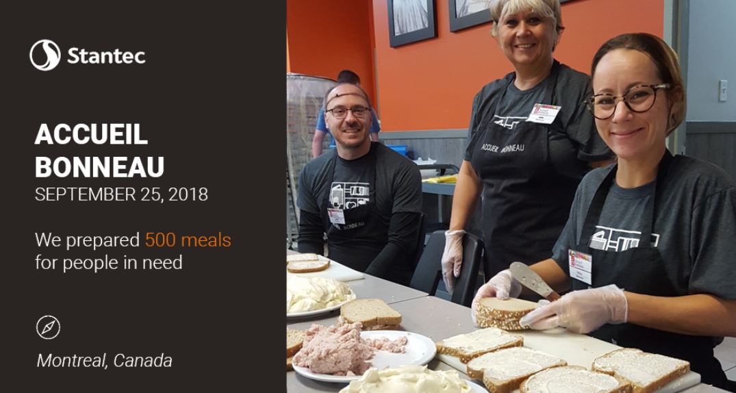 Stantec's tweet image. Thank you @AccueuilBonneau for welcoming our Montreal team members into your kitchen. It felt great to help you prepare over 500 meals for people in need! #StantecTogether