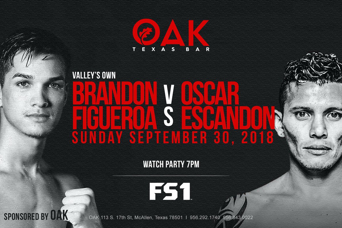 MidnightMcAllen's tweet photo. We'd like to invite everyone to join us Sunday night, to support the RGV's own Brandon Figueroa.
Figueroa will be putting his perfect record on the line against former featherweight title challenger Oscar Escandon.
Watch party begins at 7 p.m.
#OAKTexasBar #MezzENT https://t.co/gDIhdi4P7z