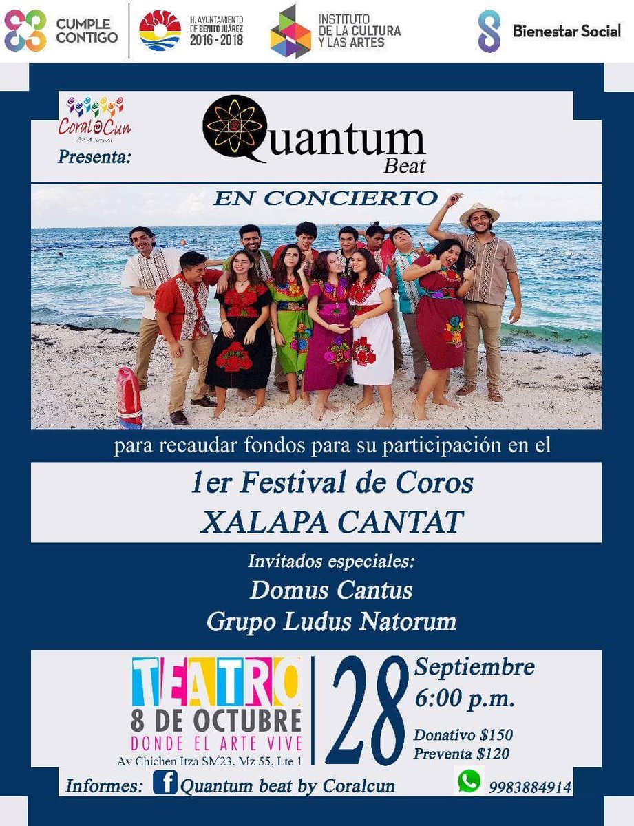 ***Concierto con causa***
Apoya a los y las jóvenes #talentocancunense para asistir al 1er. Festival de Coros #XalapaCantat ! Asiste al concierto este #viernes 28 de #septiembre en el #Teateo8deOctubre a las 6:00PM.
#culturaparatodos #Arte #Cultura #FernandoCervantes #ICACancún