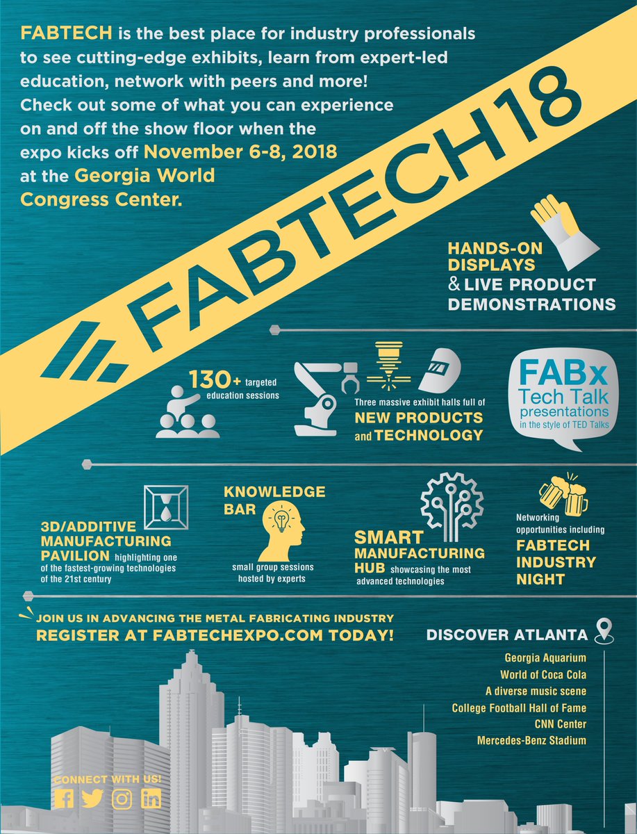 FabtechExpo's tweet image. #FABTECH18 is your one-stop #manufacturing and #fabrication expo for cutting-edge exhibits, 130+ targeted education sessions, FABx Tech Talks presentations, and more! Here’s just some of what you can expect: goo.gl/nrvEYa