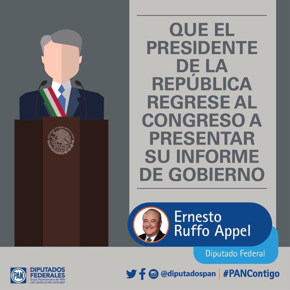 RuffoAppel's tweet photo. Que el Presidente de la Republica regresar al congreso a presentar su informe de gobierno. @diputadospan @Mx_Diputados https://t.co/S7KHcH5Xjd