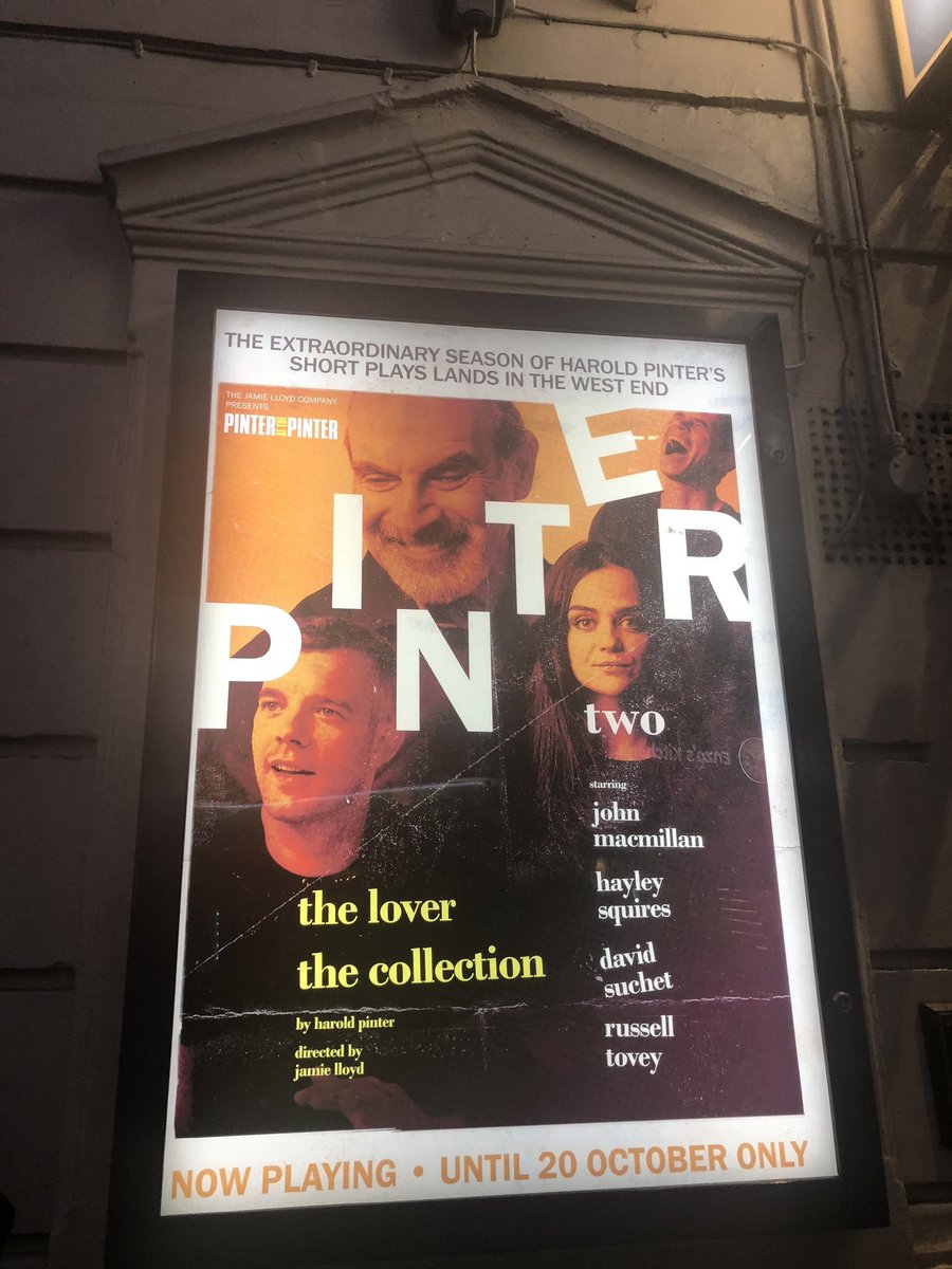 boydhilton's tweet photo. Absolutely loved #PinterTwo tonight. Glorious performances from @russelltovey, John Macmillan, Hayley Squires & the legend David Suchet. The most fun Pinter ever! #PinteratthePinter https://t.co/xgLELaV911